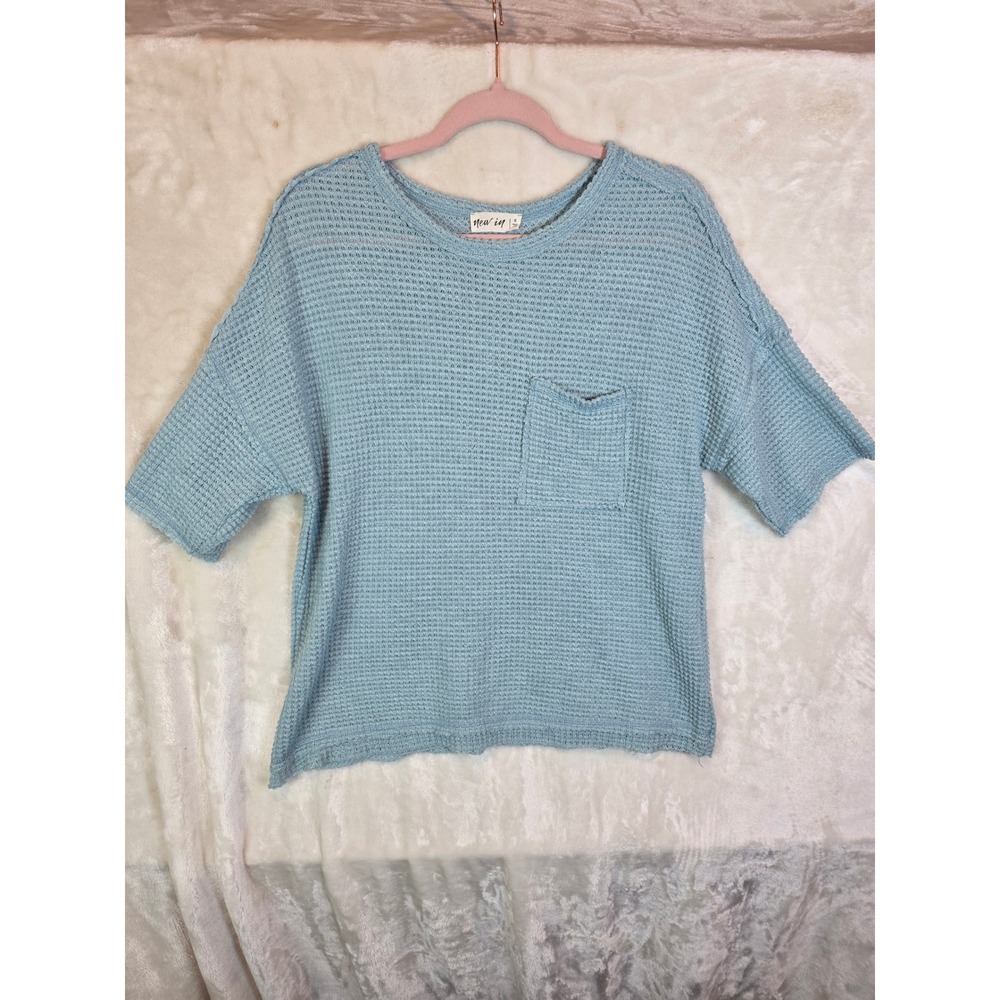 New In‎ Women Blue Waffle Knit Short Sleeve Pocket Top Size S NT10083